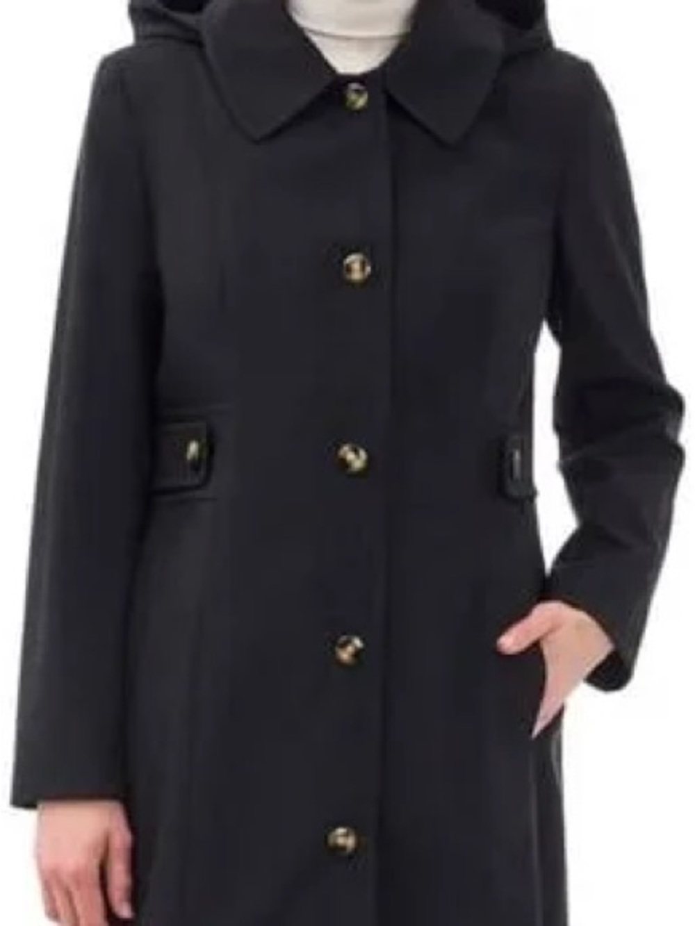 Anne Klein Black Single-Breasted Trench Coat with Gold Buttons